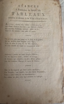 p Bienvenue des membres de la societe pour le benefice de la jeunesse une societe anversoise de beaux arts A l occasion du retour des peintures de maitres renommees de l ecole neerlandaise lui ayant ete volees p p i Toejuyching der Leden van het Genootschap Tot nut der Jeugd aen d Antwerpsche Maetschappy der Schoone Konsten By gelegenheyd van de wederkomst der aen haer ontroofde Schilder Stukken van de vermaerdste meesters der Nederlanssche School i br Anvers p p Ter Bruggen J A A J Stips J F Willems P C Goovaerts M J Vander Maesen p