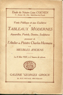 Vente publique de tableaux modernes aquarelles pastels dessins sculptures provenant de l atelier de Charles Hermans et de meubles anciens le 8 mais 1920 Hermans Charles